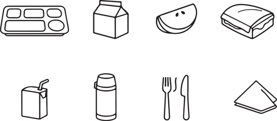 School lunch icon set, 8 black and white line art vector elements, cafeteria food and drink symbols, educational meal icons for kids