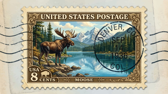 Vintage US postage stamp featuring a moose by an alpine lake. Retro wildlife postmark with mountain and forest scenery.