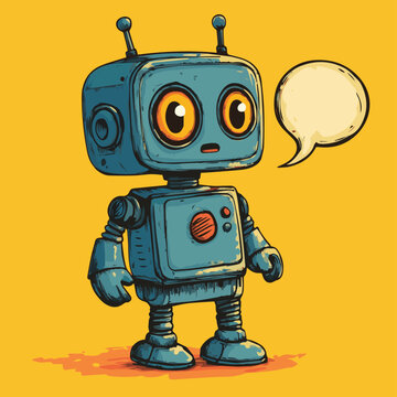 A colorful, cartoon robot with big eyes and a speech bubble, perfect for children's content and tech-related themes.
