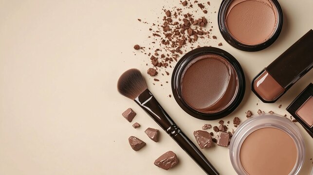 Mocha brown makeup tools, powder compacts and brush on beige background, suggesting warm neutral beauty and polished glam.
