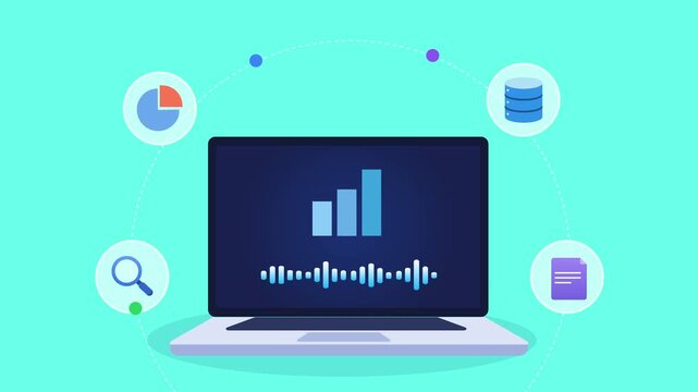 Animated flat vector motion graphic featuring an AI analytics dashboard on a laptop with charts, database, search, and document icons. Ideal for business intelligence, data analysis, and artificial in