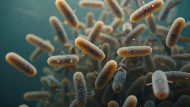 Microscopic view of rod-shaped bacteria cells floating in liquid medium, colony of microbes swimming in fluid, biological microorganisms, scientific research background, macro microbiology