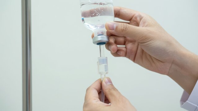 Medical Professional Hands Preparing Saline Solution IV Drip Bag in Hospital Clinic Setting with Close-up View of Sterile Fluid Connection and Medical Treatment Equipment