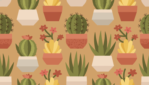 Seamless decorative pattern with cute cacti and succulent plants in colorful ceramic pots on brown background.