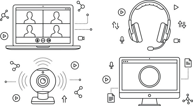 Video conference online meeting webinar distance learning remote work laptop headset webcam desktop monitor linear outline vector set