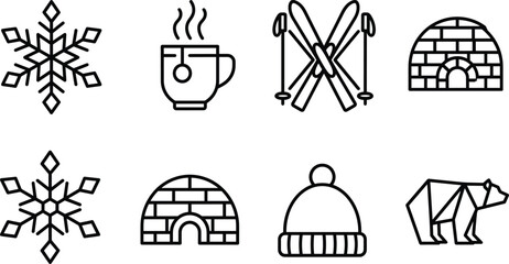 Winter arctic season snowflake tea cup ski igloo beanie polar bear geometric linear black vector outline icons collection © S O H A G