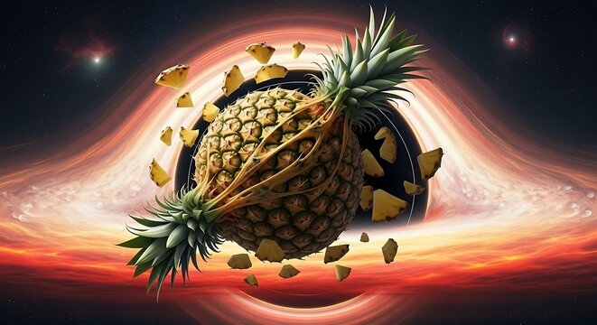 Pineapple exploding in space galaxy background.