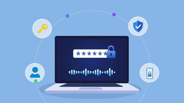 Animated flat vector motion graphic featuring an AI password security interface on a laptop with authentication, user, verification, and encryption icons. Ideal for cybersecurity, secure login, and ar