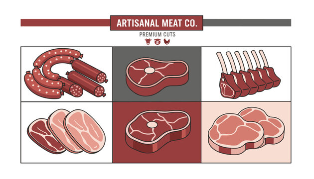 Artisanal meat company premium cuts menu poster displaying different pork and beef raw steaks and sausages.