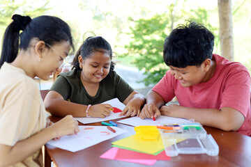 Fototapeta premium Happy children, drawing and coloring with friends.
