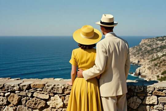 Elegant man, woman stand together at stone railing looking at blue sea horizon. Retro couple in yellow dress, summer hat enjoy ocean view from high cliff top. Romantic pair in vintage suit spend time
