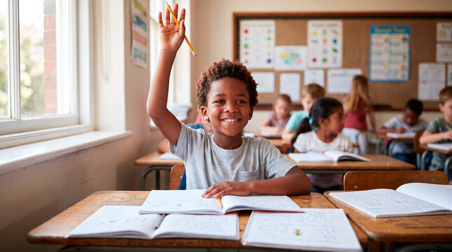 Young student eagerly raises hand with pencil in classroom setting
