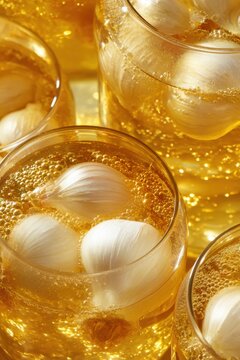 Garlic in golden oil with effervescent bubbles close-up background for food packaging label and culinary design