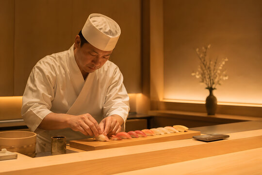 A Michelin-star omakase chef handcrafting nigiri sushi behind a minimalist hinoki wood counter under soft golden lighting 
