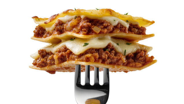 Layered beef lasagna with melted cheese and herbs impaled on a fork, isolated on transparent background