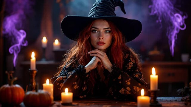 Witch Woman At Candlelit Table Gazing Forward Under Large Witch Hat