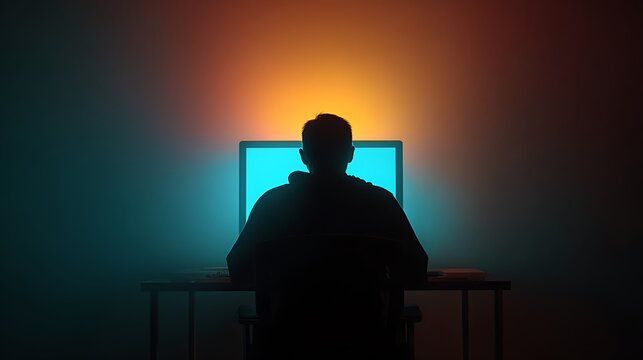 Dark silhouette of a programmer coding at night with dual monitors