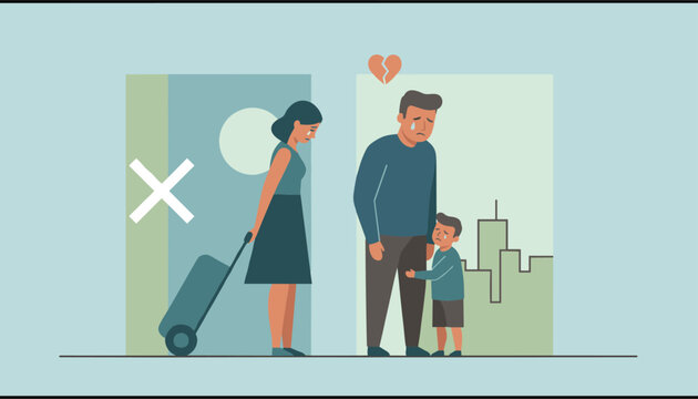 Heartbreaking scene of family separation shows a woman leaving with luggage while a sad man and crying child remain behind.