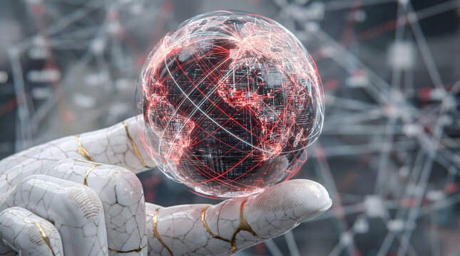 White robotic stone hand presenting a digital glowing red world map globe on tech matrix