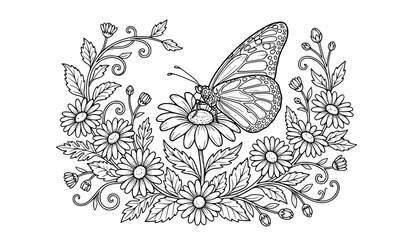 Obraz premium Butterfly on Wildflowers Outline Coloring Book Page Vector Line Art for Kids and Adults