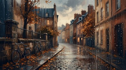 Obraz premium Rainy Autumn Evening on a Cobblestone Street in an Old Town