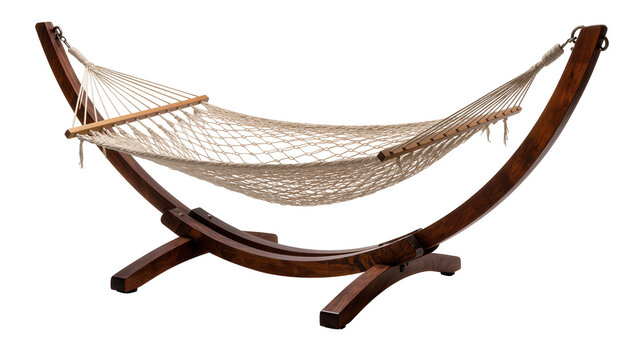 Woven cotton rope hammock with wooden spreader bars on curved dark wood stand, isolated on transparent background