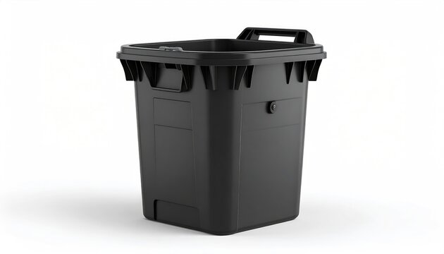 A black, rectangular plastic bin with a lid and integrated handle on a white background