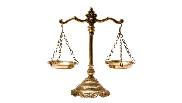 Ornate brass balance scale with intricate detailing, isolated on transparent background