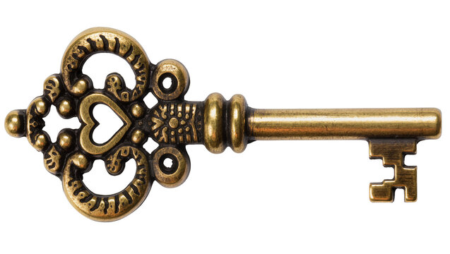 Ornate antique brass skeleton key with heart cutout, isolated on transparent background