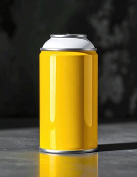 Bright yellow aerosol can with white top stands on textured surface