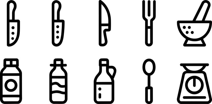 Kitchen utensil line icons for cooking and food preparation, including chef knives, fork, spoon, mortar and pestle, bottles