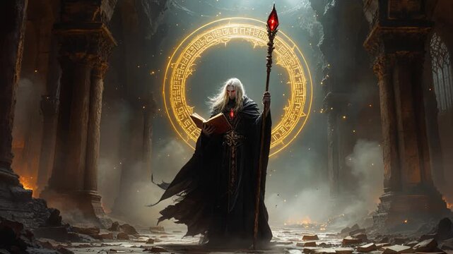 Hooded mage center stage amid ancient temple ruins with glowing crimson staff 