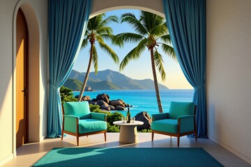 Fototapeta premium Two teal armchairs face ocean view from tropical resort balcony. Palm trees frame water, mountains, and clear sky. A small table holds a wine bottle and glasses for a relaxed vacation setting.