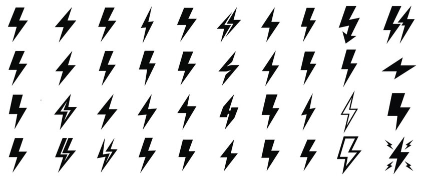 Lightning bolt icon. Flash symbol, thunderbolt, blitz lightnings strike sign. Electric energy black silhouettes, power concept. Vector isolated dynamic sports logo se