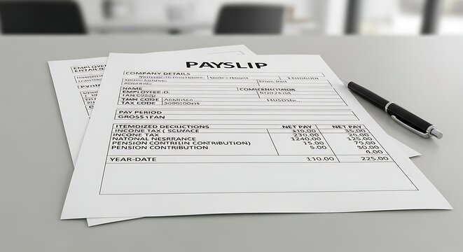 Payslip document with pen on desk.
