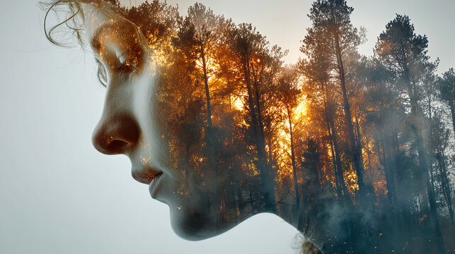 Double exposure image blending human face with burning forest, symbolizing climate crisis and environmental impact. expression is thoughtful and reflective