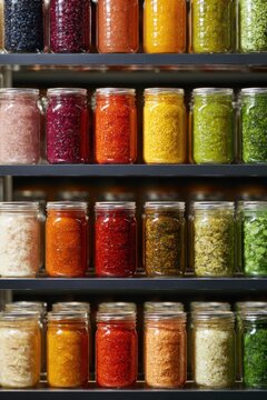 Colorful preserved spice and sauce jars on metal pantry shelves for food packaging design and retail background