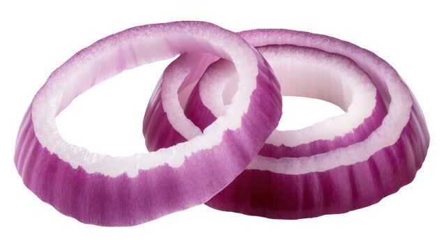 Two fresh red onion rings with purple and white layers, isolated on transparent background
