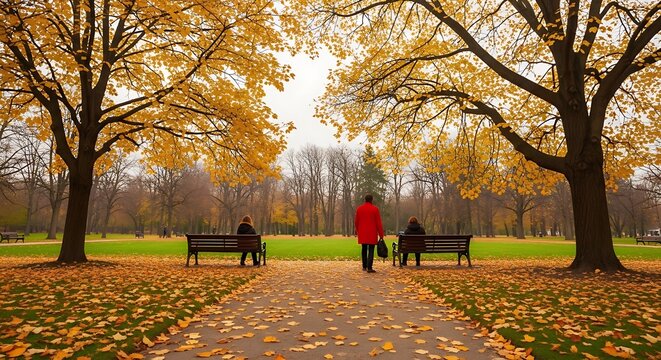 Person in red coat walking through autumn park with golden trees.