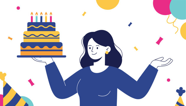 Happy woman with dark hair holding a large multi-layered birthday cake with colorful candles during a celebration.