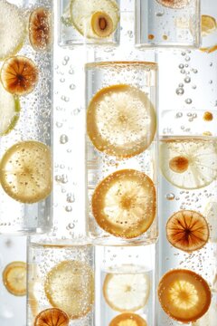 Lemon and mixed citrus slices in tall glasses with sparkling water and bubbles for drink advertising, beverage background, menu design and summer promotions