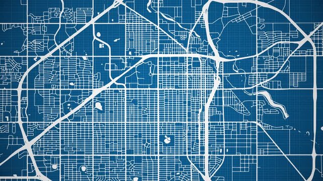 Ink reveal animation of Lubbock city, Texas (TX), United States of America, grid map. Aerial top view. Blueprint style. White lines with blue background. 4K Seamless loop.