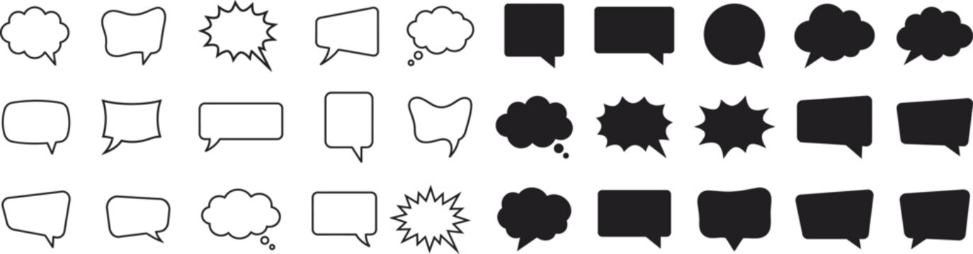 Diverse collection of speech bubbles and thought balloons in line art and solid black styles