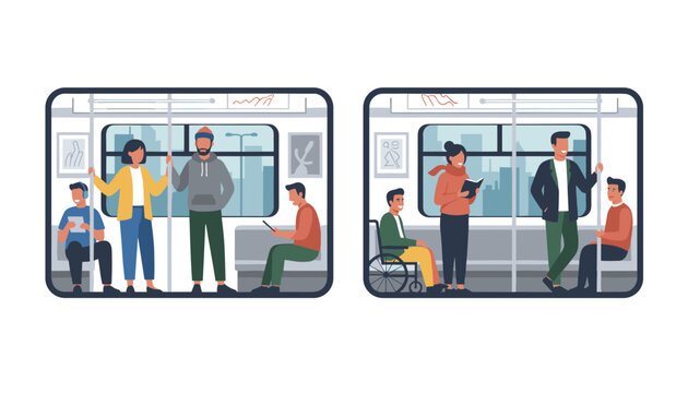 Passengers sitting and standing inside subway train cars with windows showing a city landscape in flat design style.