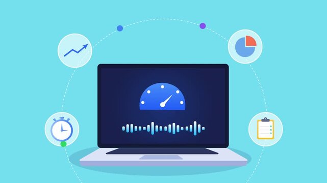 Animated flat vector motion graphic featuring an AI performance monitoring dashboard on a laptop with speedometer, analytics, report, and timer icons. Ideal for business intelligence and artificial in