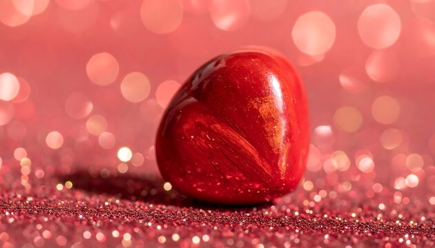 Polished red jasper gemstone on sparkling glitter background.
