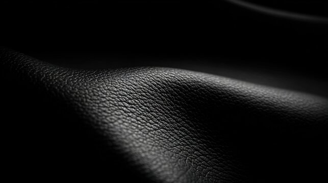 raked. Close-up of textured black leather with dramatic lighting, highlighting its luxurious and sleek surface. lifestyle magazines.