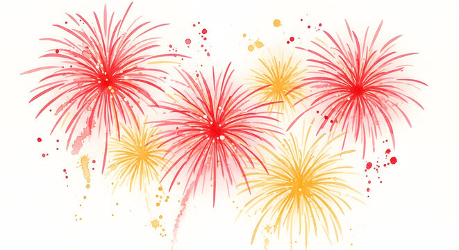Vibrant red and yellow watercolor fireworks exploding with artistic paint splatters
