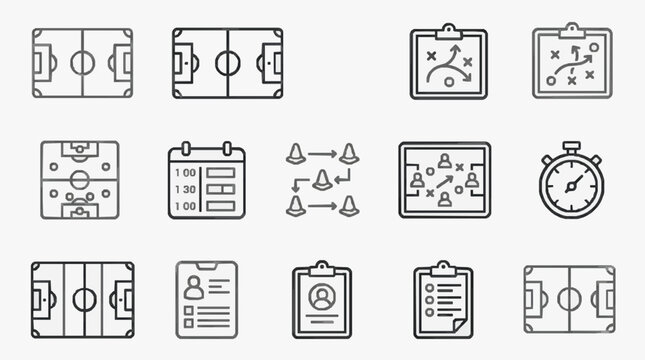 Creative Black and White Line Icons Set Featuring Soccer Coaching Strategy and Time Management Elements