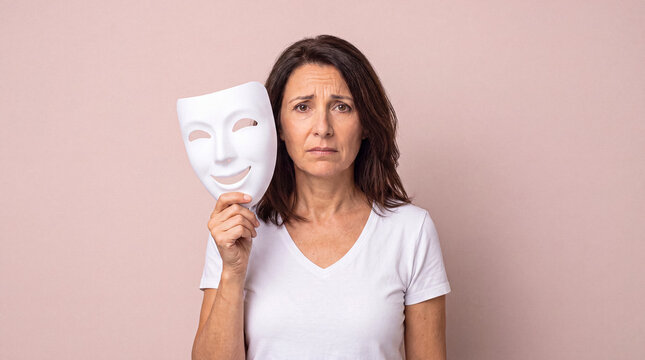 Unhappy mature woman holds a smiling mask, hiding true emotions behind a facade of false happiness on pink.